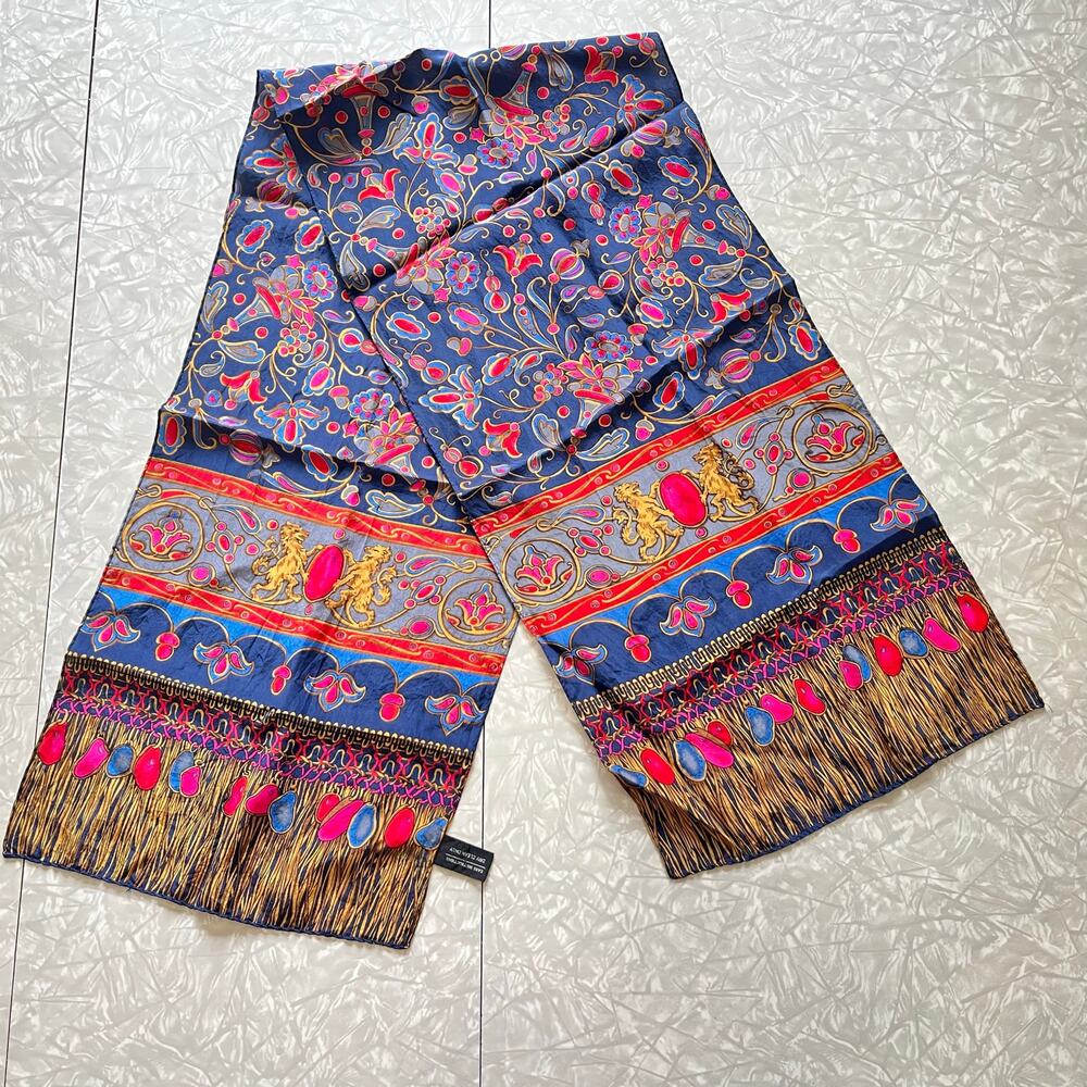 Vtg specialty house silk scarf rectangle lion motif jewel tone 49x11 inch